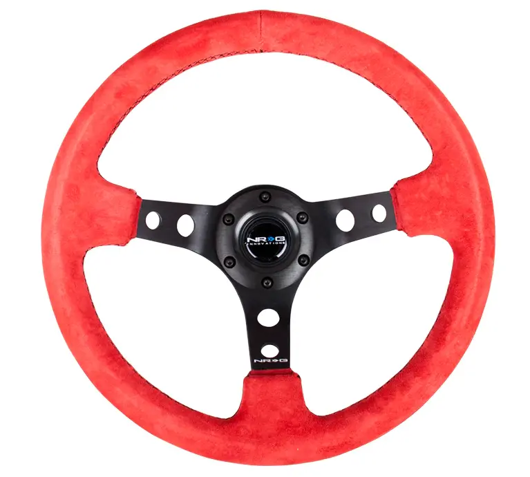 Nrg Reinforced Steering Wheel (350Mm / 3In. Deep) Red Suede W/Blk Circle Cutout Spokes 1