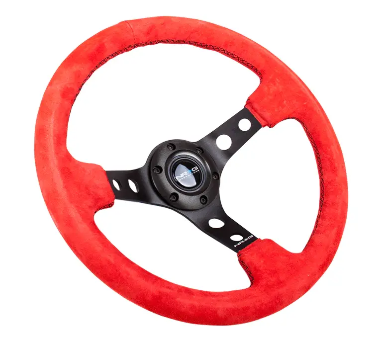 Nrg Reinforced Steering Wheel (350Mm / 3In. Deep) Red Suede W/Blk Circle Cutout Spokes 2