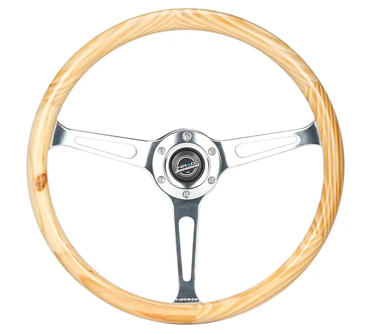 Nrg Reinforced Steering Wheel (380Mm) Light Wood Grain W/3-Spoke Center Shinny Chrome 1