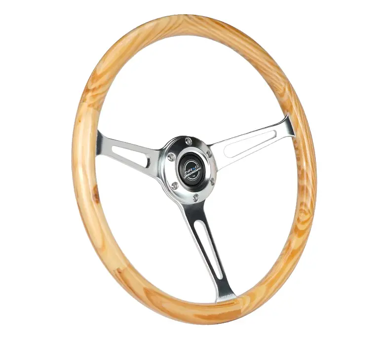 Nrg Reinforced Steering Wheel (380Mm) Light Wood Grain W/3-Spoke Center Shinny Chrome 2