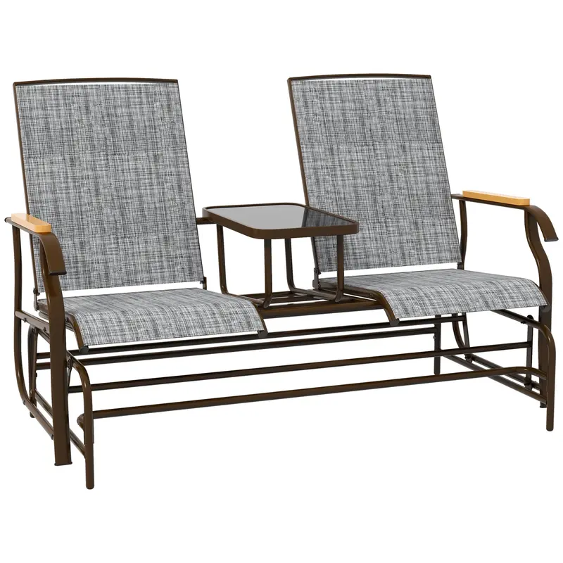 Outdoor 2-Person Glider Bench, Breathable Swing Glider Chair Loveseat With Table, Grey 1