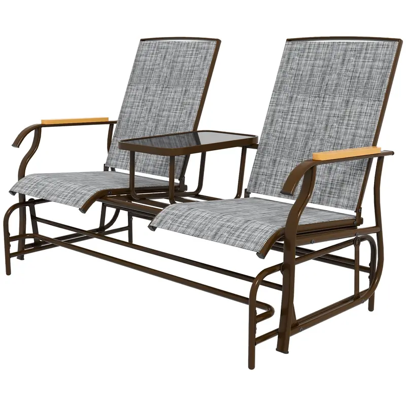 Outdoor 2-Person Glider Bench, Breathable Swing Glider Chair Loveseat With Table, Grey 2