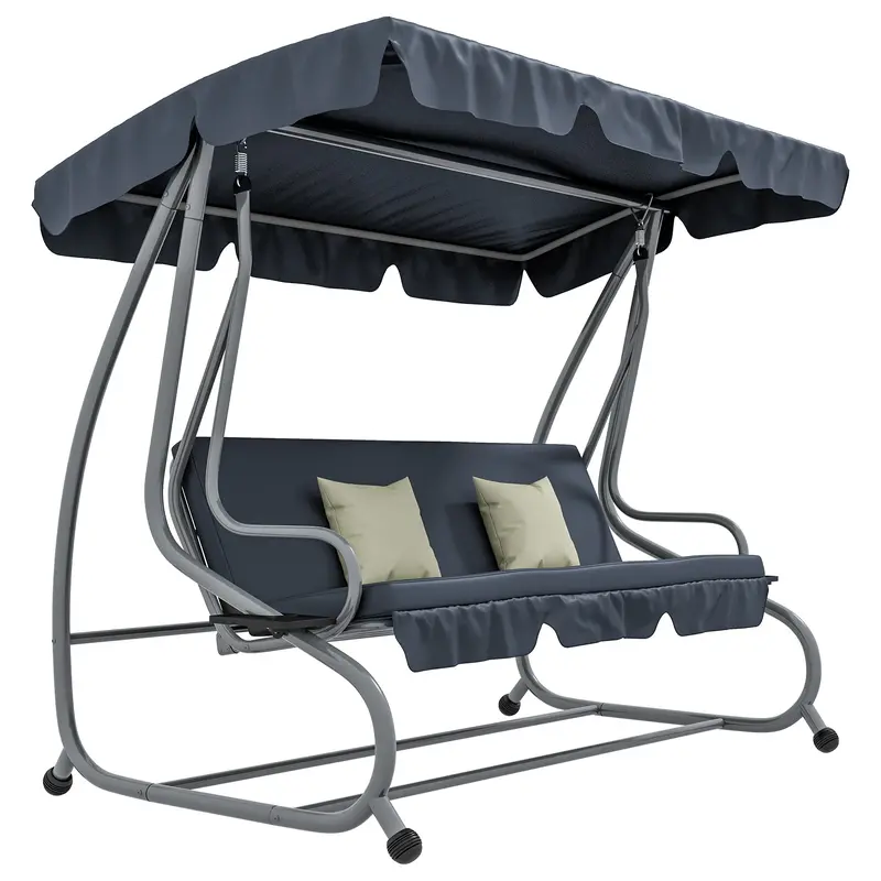 Outdoor 3-Seater Patio Swing Chair With Adjustable Canopy & 2 Pillows, Dark Grey 1