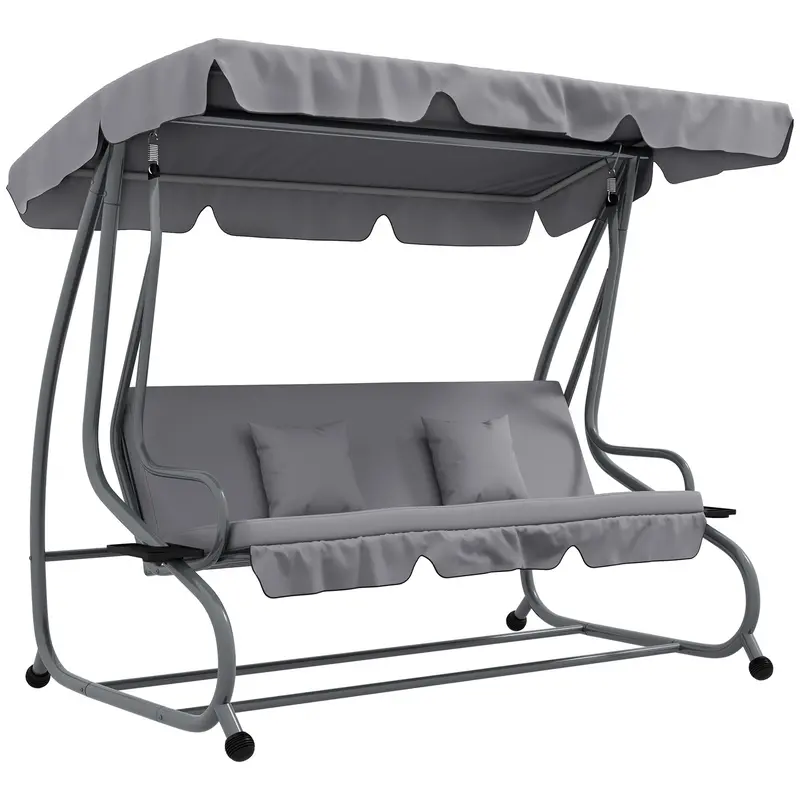 Outdoor 3-Seater Patio Swing Chair With Adjustable Canopy & 2 Pillows, Light Grey 1