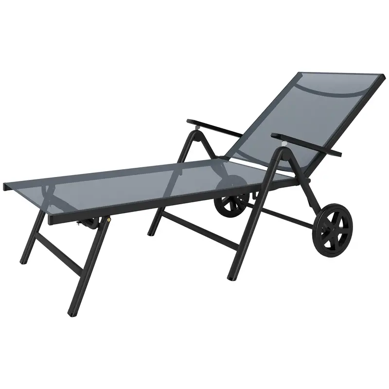 Outdoor 5-Level Adjustable Folding Chaise Chair With 2 Wheels For Backyard, Grey 1