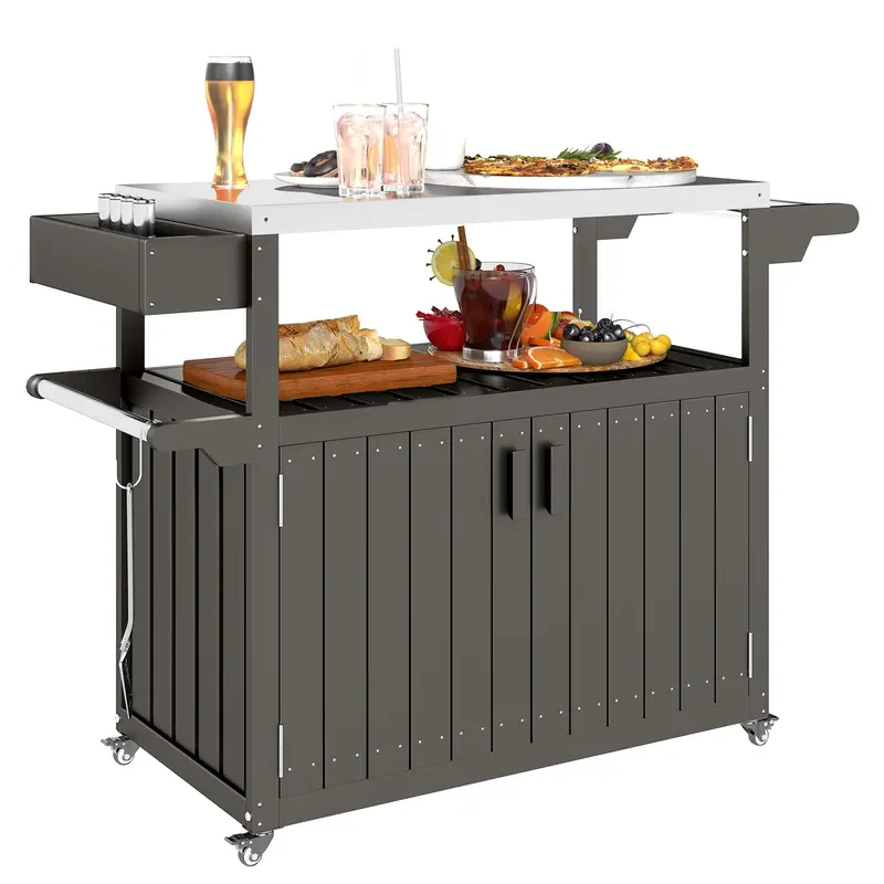 Outdoor Bar Cart With Stainless Steel Top & Wheels, Dark Grey 1