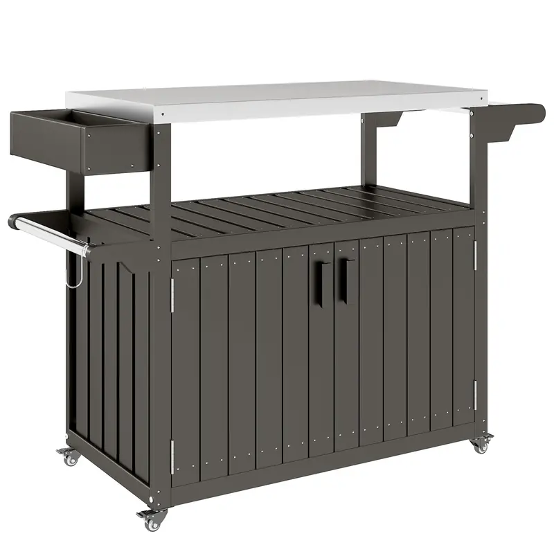 Outdoor Bar Cart With Stainless Steel Top & Wheels, Dark Grey 2