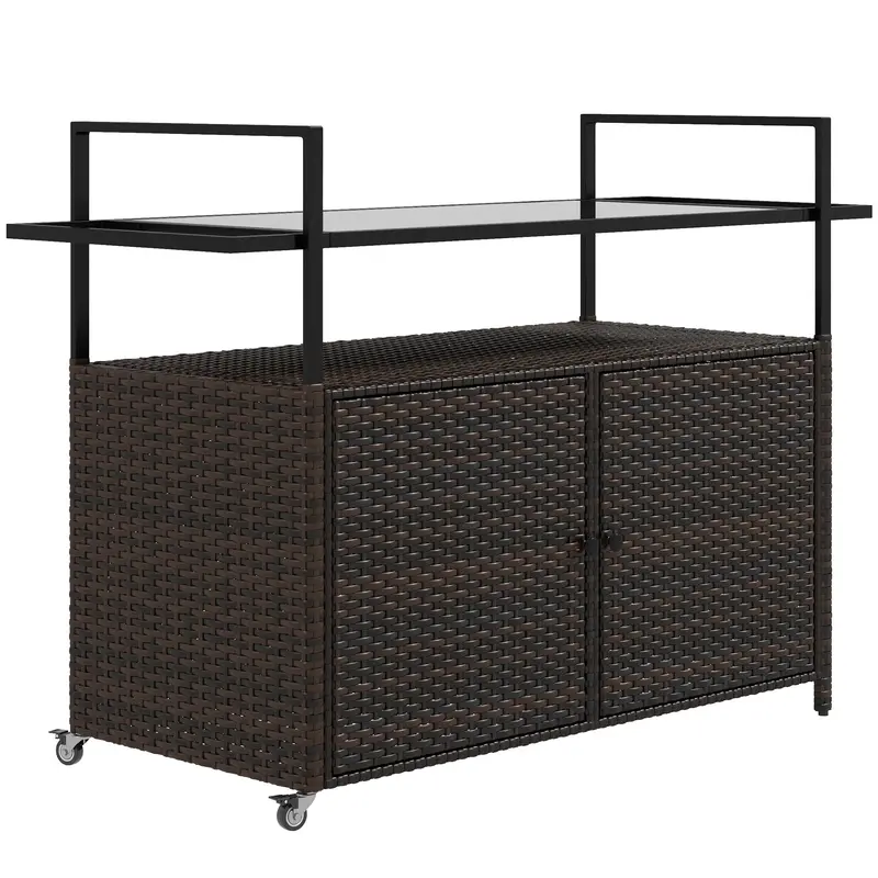 Outdoor Bar Cart With Wheels, 2-Tier Outdoor Kitchen Island With Shelf & Cabinet, Brown 1