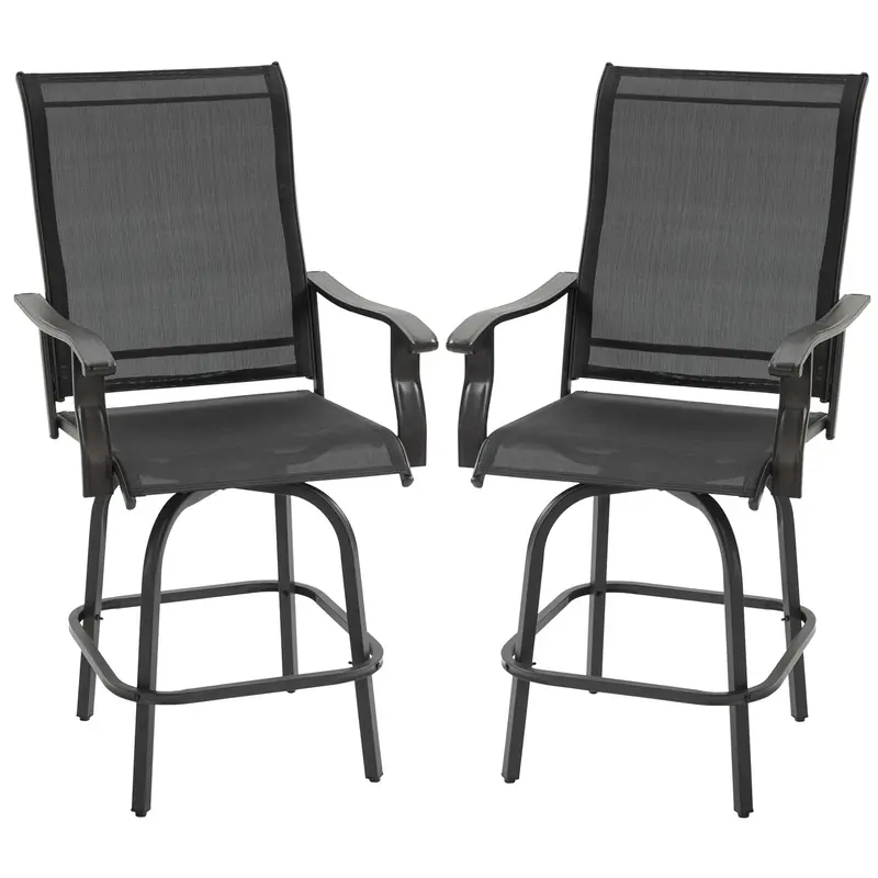 Outdoor Bar Stools Set Of 2, Swivel Bar Height Chairs W/ High Back & Curved Armrests, Black 1