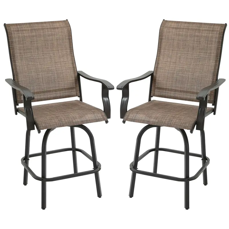 Outdoor Bar Stools Set Of 2, Swivel Bar Height Chairs W/ High Back & Curved Armrests, Brown 1