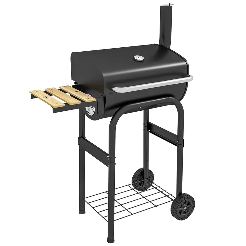 Outdoor Charcoal Grill Cart With Stainless Top & Foldable Table, Black 1