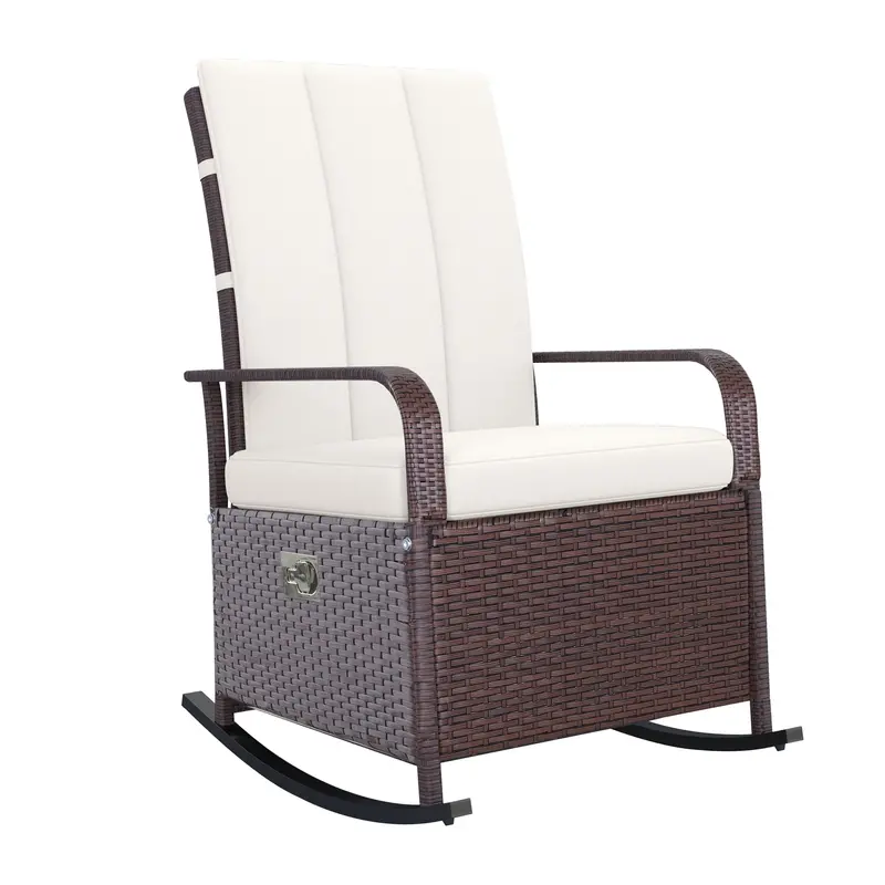 Outdoor Cushioned Pe Rattan Recliner Chair With Adjustable Footrest & Armrests, Cream White 1
