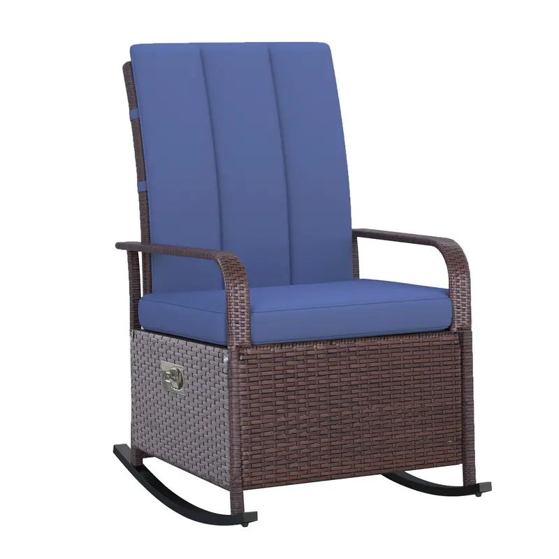 Outdoor Cushioned Pe Rattan Recliner Chair With Adjustable Footrest & Armrests, Dark Blue 1