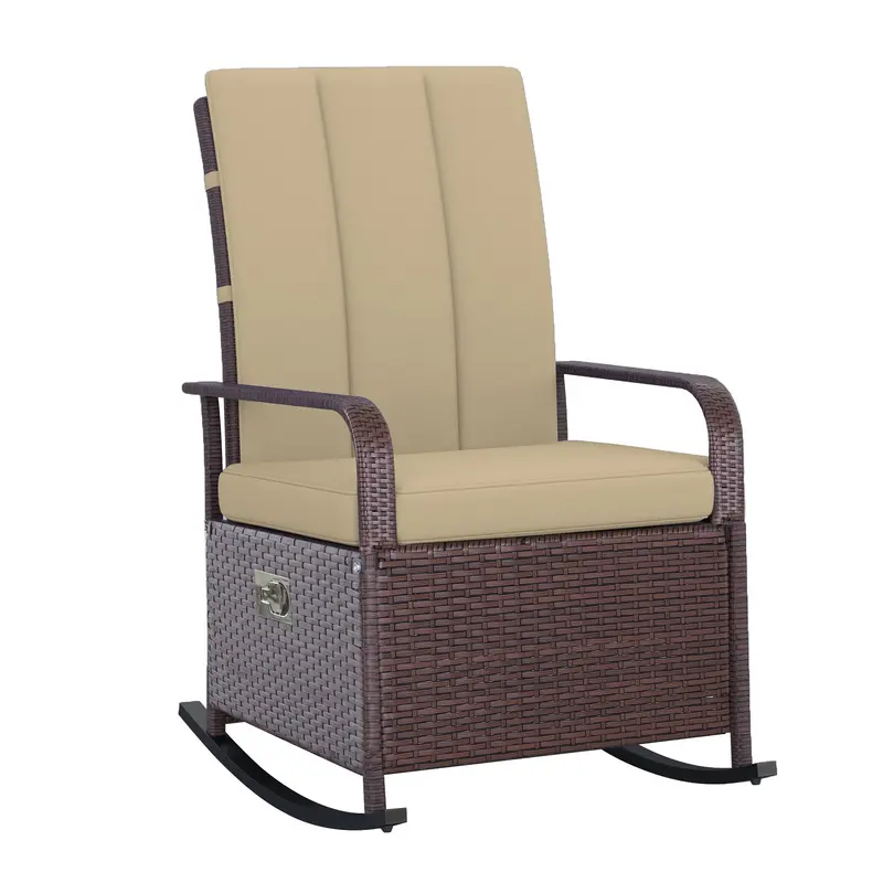 Outdoor Cushioned Pe Rattan Recliner Chair With Adjustable Footrest & Armrests, Khaki 1