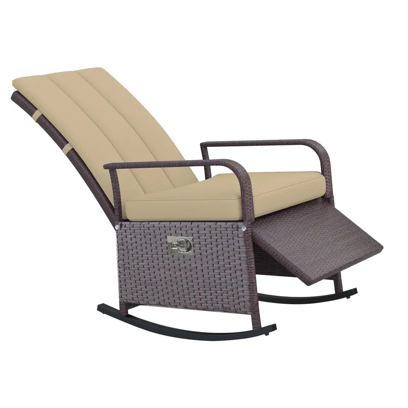 Outdoor Cushioned Pe Rattan Recliner Chair With Adjustable Footrest & Armrests, Khaki 2