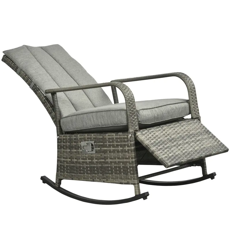 Outdoor Cushioned Pe Rattan Recliner Chair With Adjustable Footrest & Armrests, Mixed Grey 2