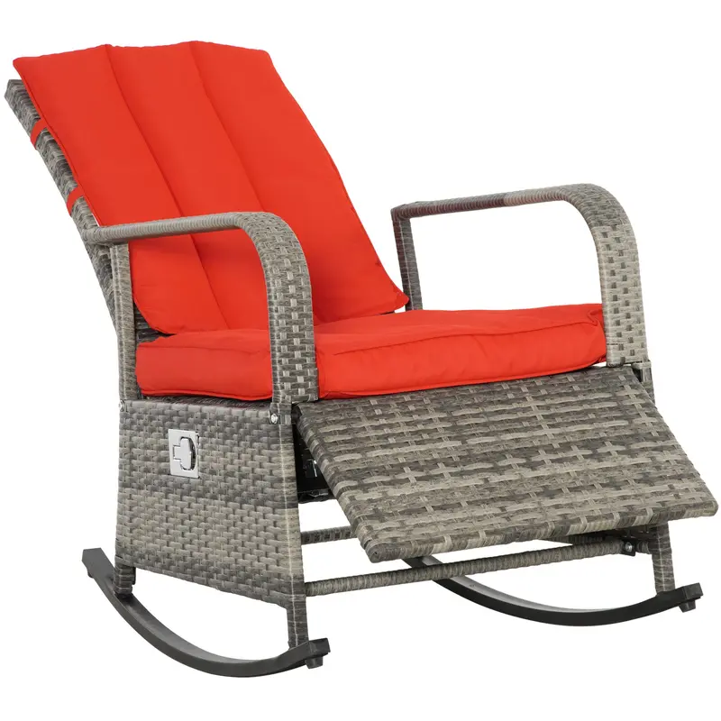 Outdoor Cushioned Pe Rattan Recliner Chair With Adjustable Footrest & Armrests, Red 1