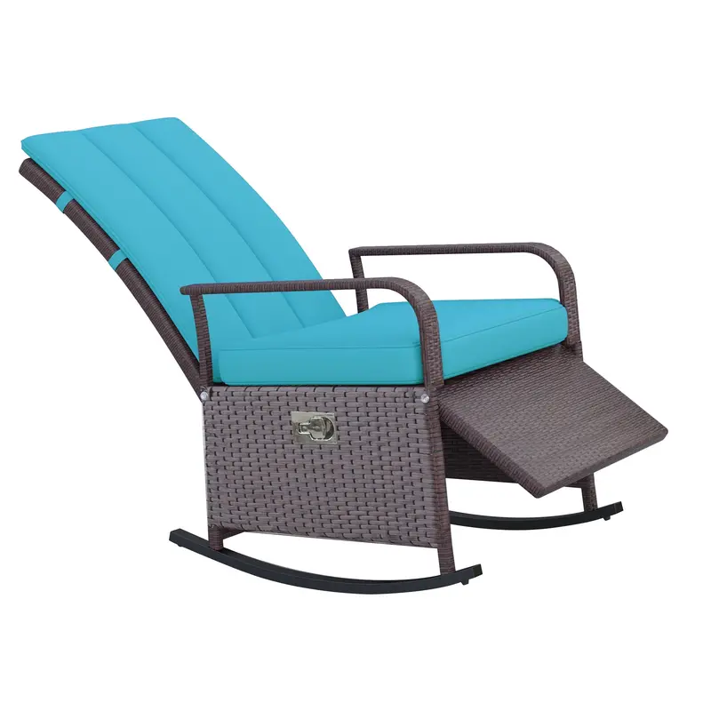 Outdoor Cushioned Pe Rattan Recliner Chair With Adjustable Footrest & Armrests, Turquoise 2