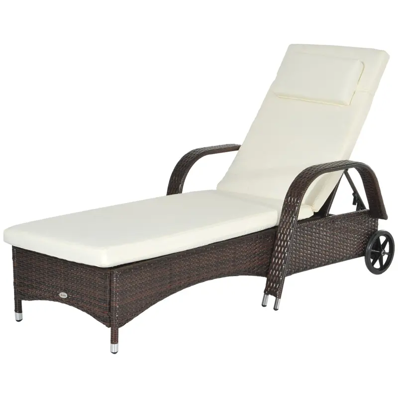 Outdoor Deck Lounge Chair With Headrest, 5-Level Adjustable, Backrest, Wheels, Cream White 1