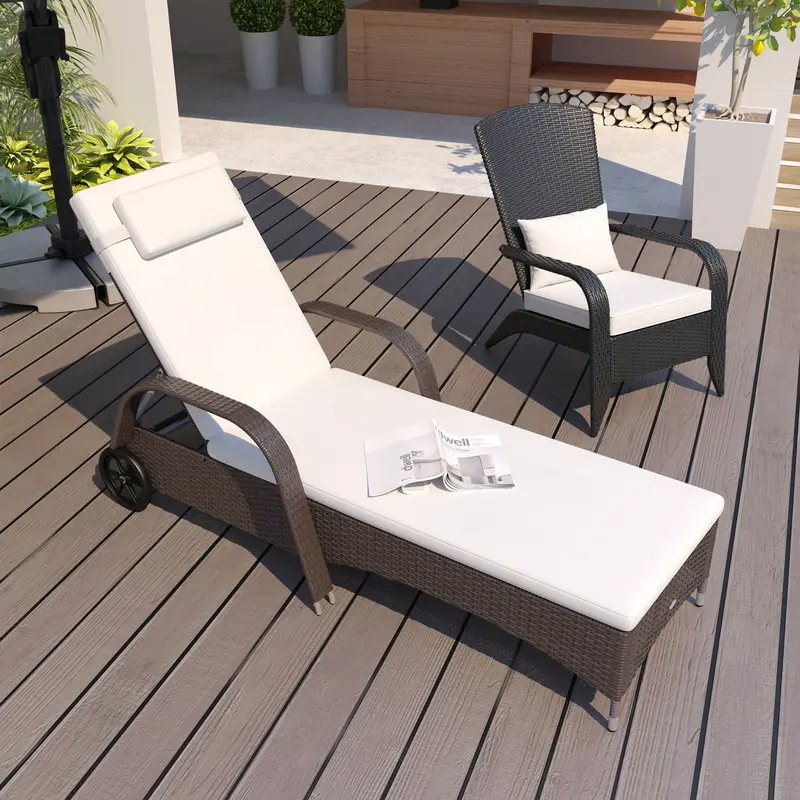 Outdoor Deck Lounge Chair With Headrest, 5-Level Adjustable, Backrest, Wheels, Cream White 2