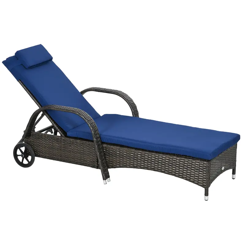 Outdoor Deck Lounge Chair With Headrest, 5-Level Adjustable, Backrest, Wheels, Dark Blue 1
