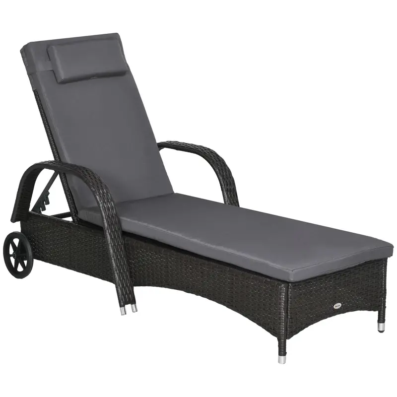 Outdoor Deck Lounge Chair With Headrest, 5-Level Adjustable, Backrest, Wheels, Med Grey 1