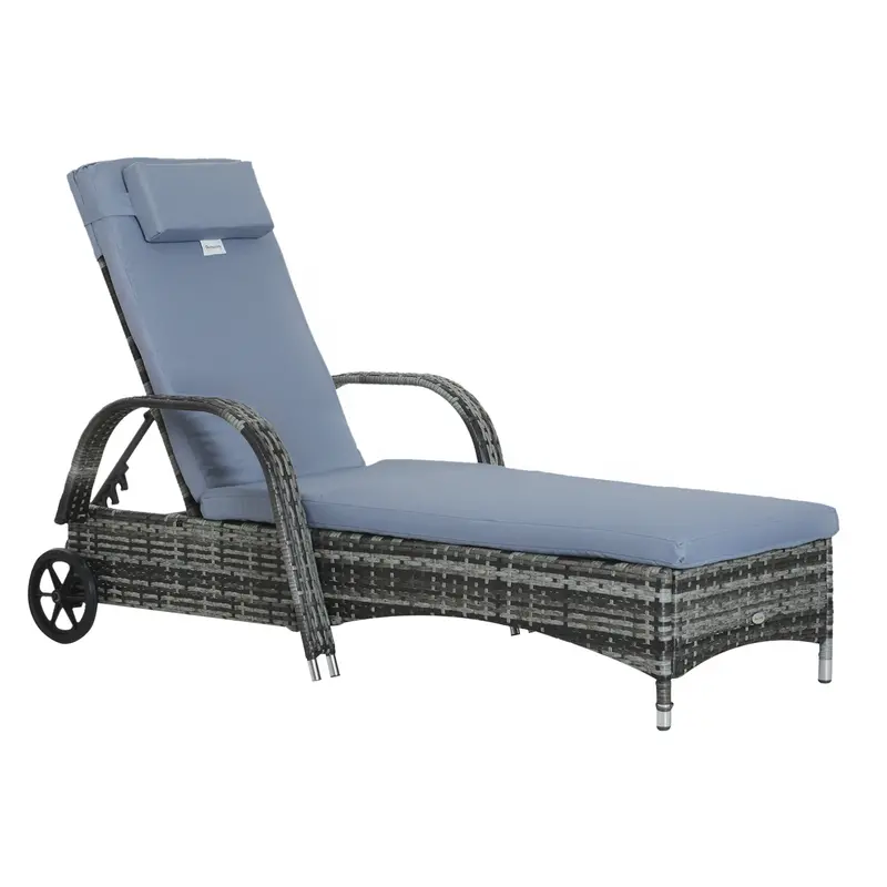 Outdoor Deck Lounge Chair With Headrest, 5-Level Adjustable, Backrest, Wheels, Mixed Grey 1