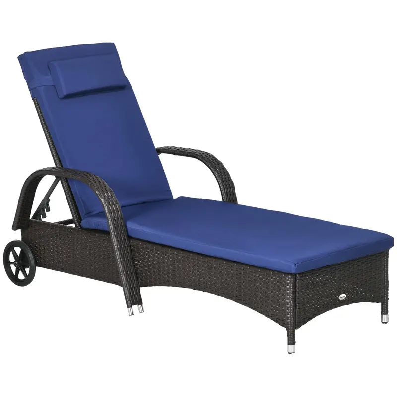 Outdoor Deck Lounge Chair With Headrest, 5-Level Adjustable, Backrest, Wheels, Navy Blue 1