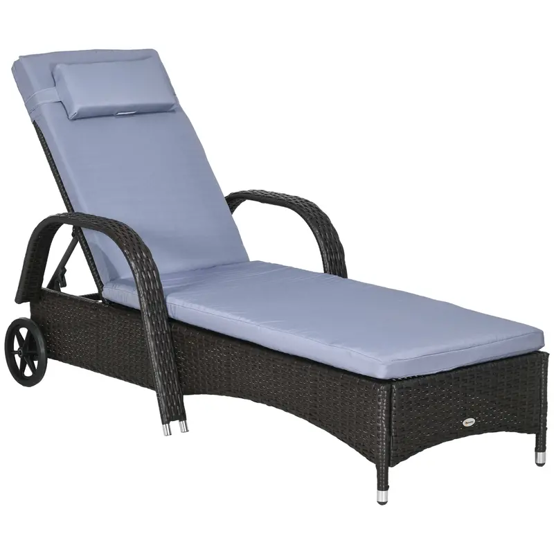 Outdoor Deck Lounge Chair With Headrest, 5-Level Adjustable, Backrest, Wheels, Silver Grey 1
