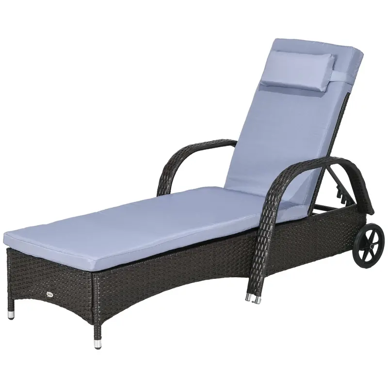 Outdoor Deck Lounge Chair With Headrest, 5-Level Adjustable, Backrest, Wheels, Silver Grey 2