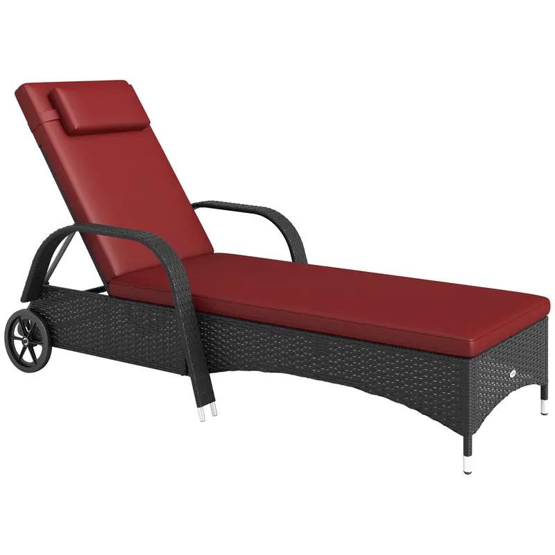Outdoor Deck Lounge Chair With Headrest, 5-Level Adjustable, Backrest, Wheels, Wine Red 1
