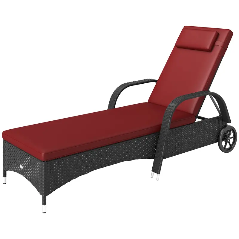 Outdoor Deck Lounge Chair With Headrest, 5-Level Adjustable, Backrest, Wheels, Wine Red 2