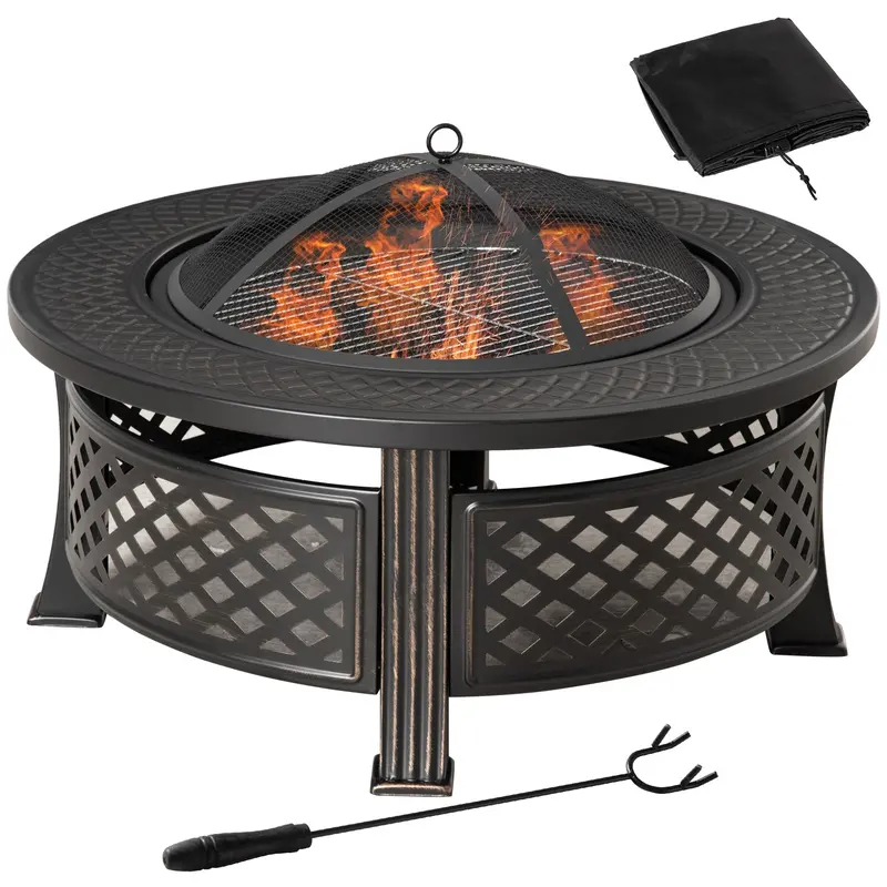 Outdoor Fire Pit, Round Firepit With Grill Net, Mesh Lid & Poker For Backyard, Bronze 1