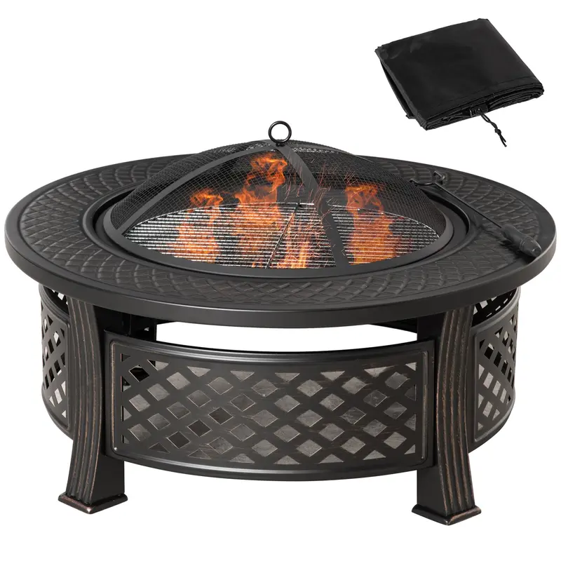 Outdoor Fire Pit, Round Firepit With Grill Net, Mesh Lid & Poker For Backyard, Bronze 2