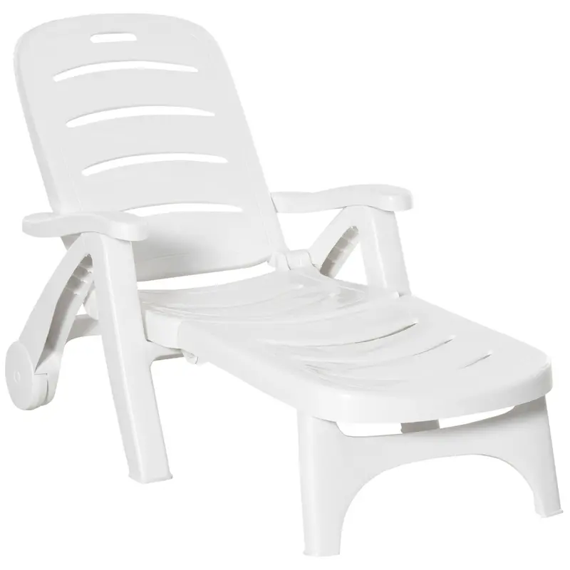 Outdoor Folding Chaise Lounge Chair With Wheels & 5 Level Adjustable Backrest, White 1