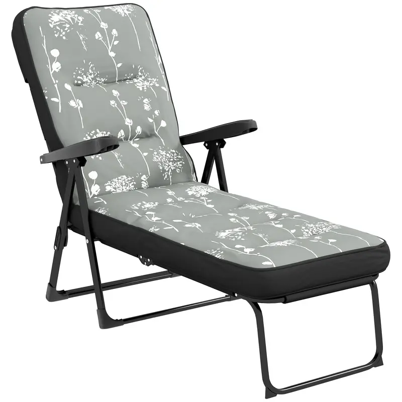 Outdoor Folding Reclining Lounge Chair With Padded Cushion Recline Back & Footrest, Grey 1