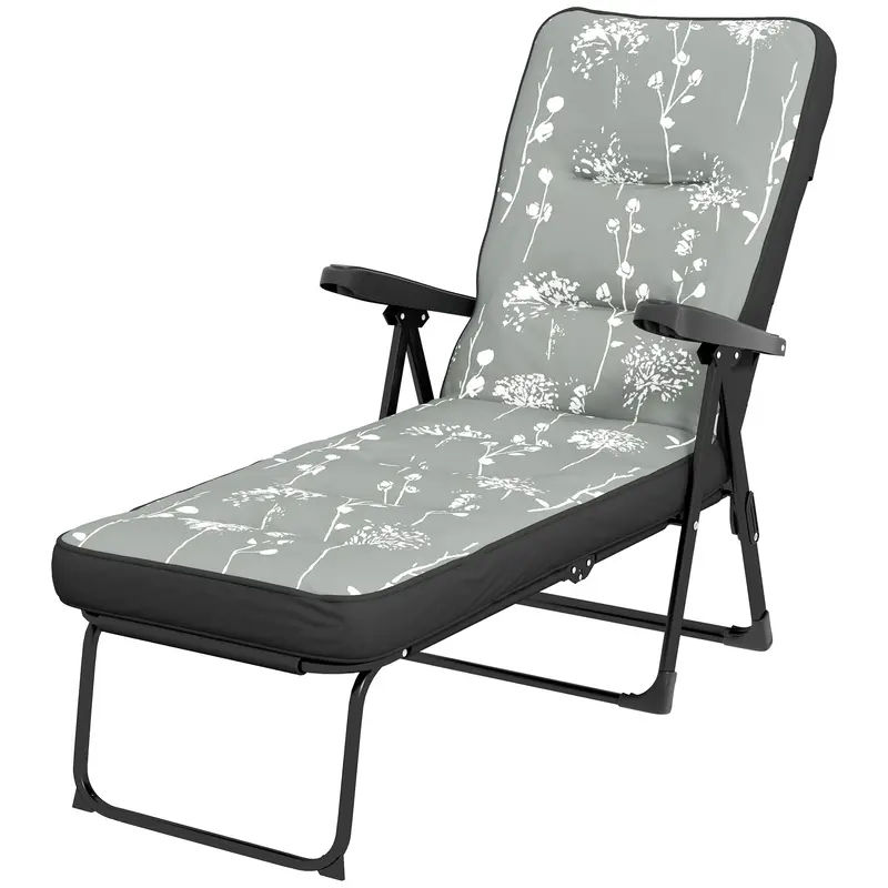 Outdoor Folding Reclining Lounge Chair With Padded Cushion Recline Back & Footrest, Grey 2