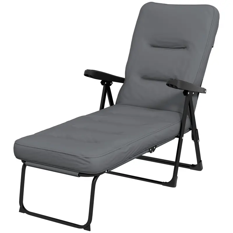 Outdoor Folding Reclining Lounge Chair With Padded Cushion Recline Back & Footrest, Light Grey 2