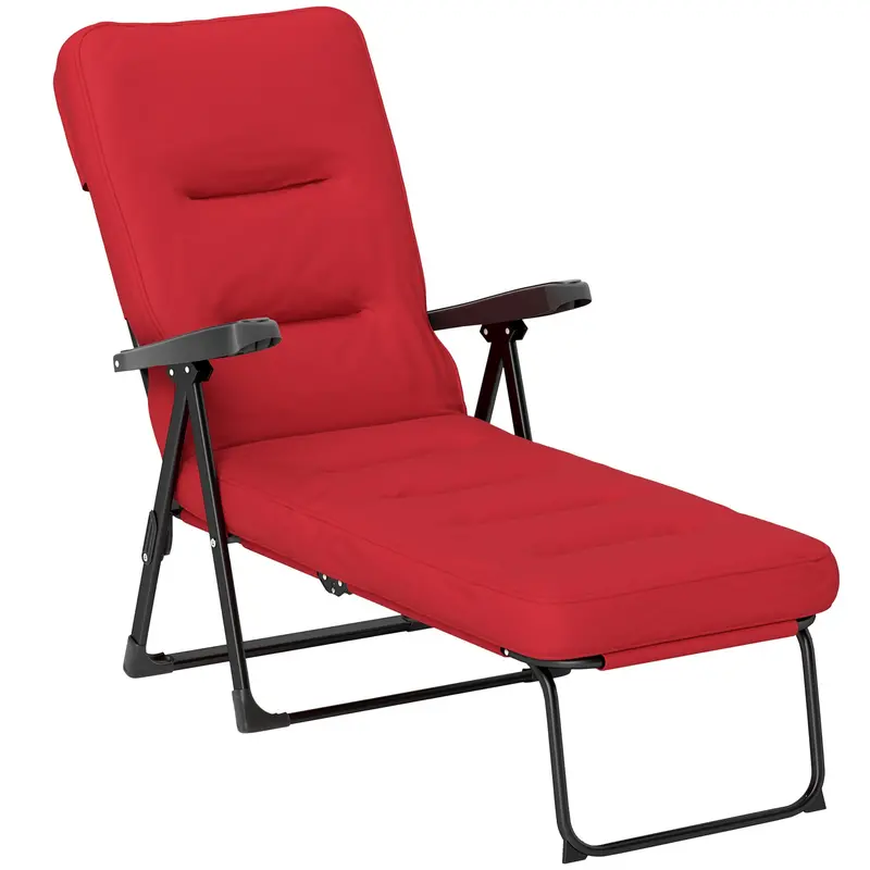 Outdoor Folding Reclining Lounge Chair With Padded Cushion Recline Back & Footrest, Wine Red 1