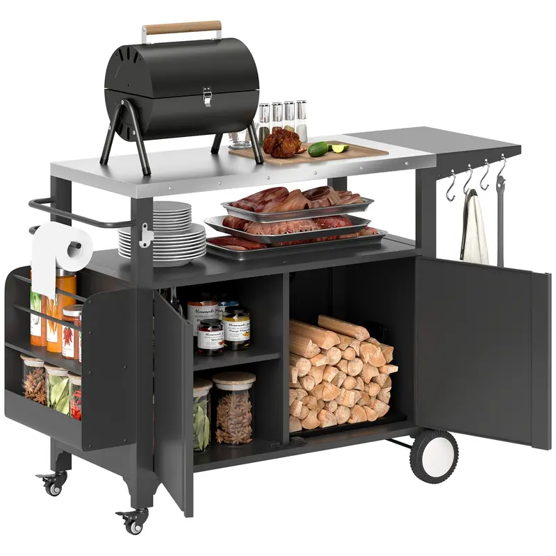 Outdoor Grill Cart With Foldable Table & Storage Rack, 37.8" X 18.1", Black 1