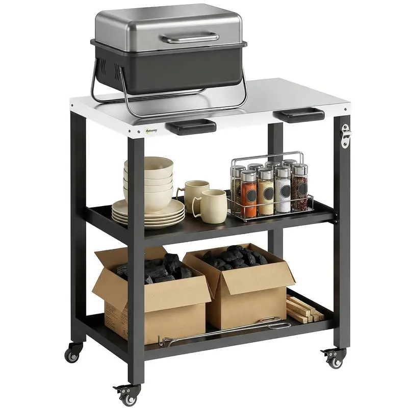 Outdoor Grill Cart With Stainless Steel Top, 2 Shelves And Lockable Wheels, Black 1