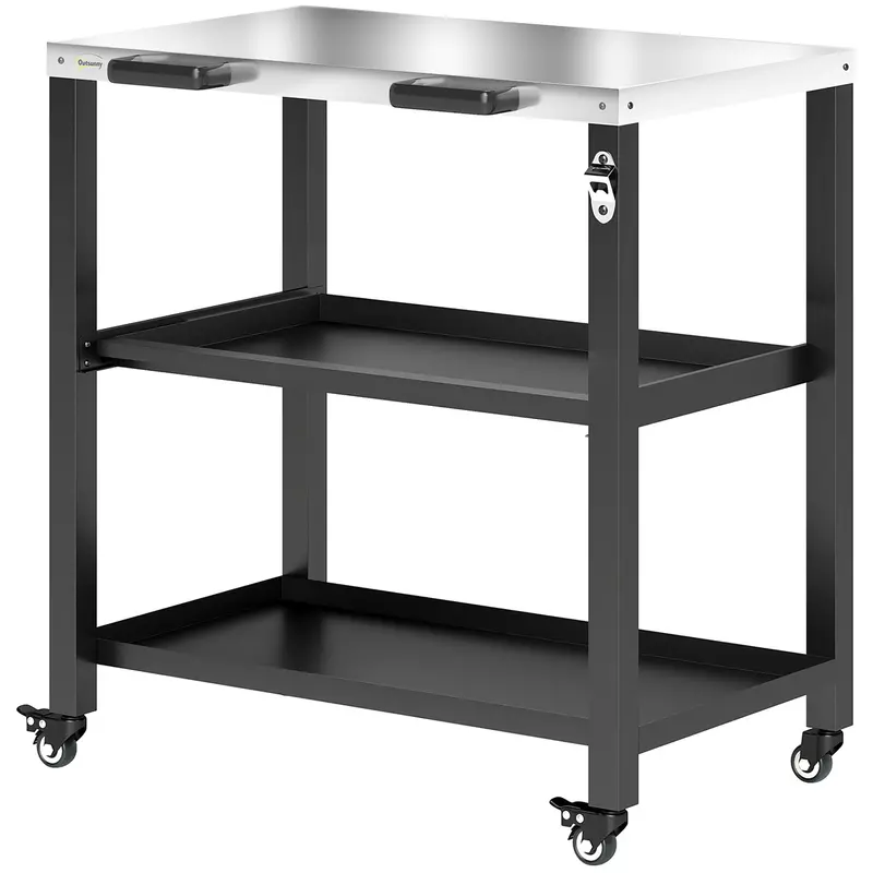 Outdoor Grill Cart With Stainless Steel Top, 2 Shelves And Lockable Wheels, Black 2