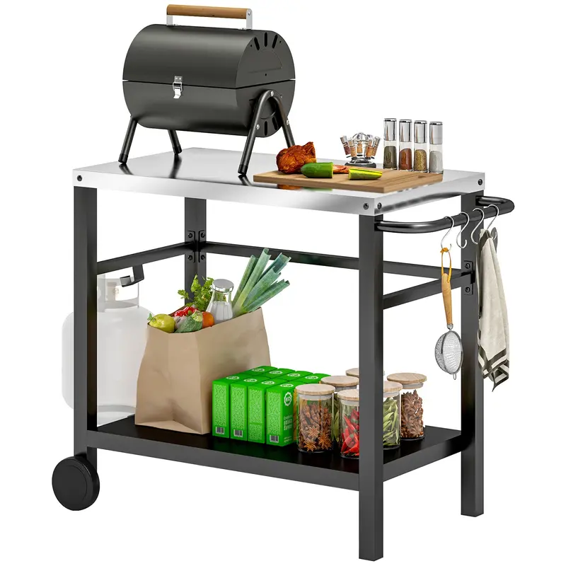 Outdoor Grill Cart With Stainless Steel Top, 2 Shelves And Wheels, Charcoal Grey 1