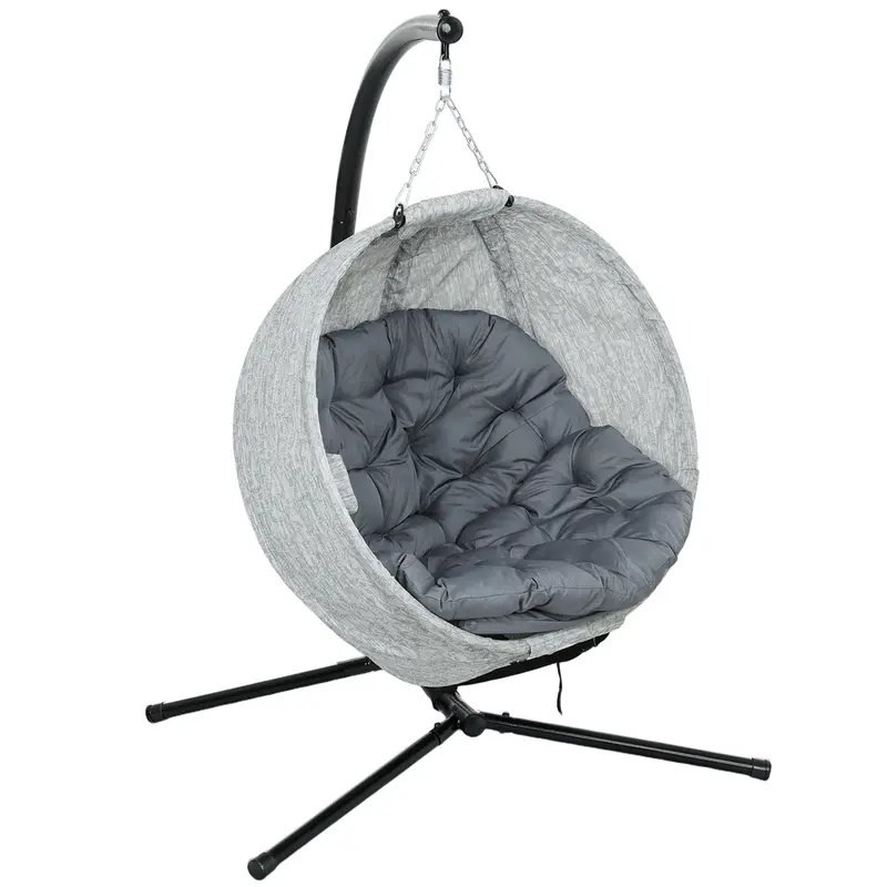 Outdoor Indoor Hanging Swing Egg Chair With Folding Basket, Stand & Cushions, Grey 1