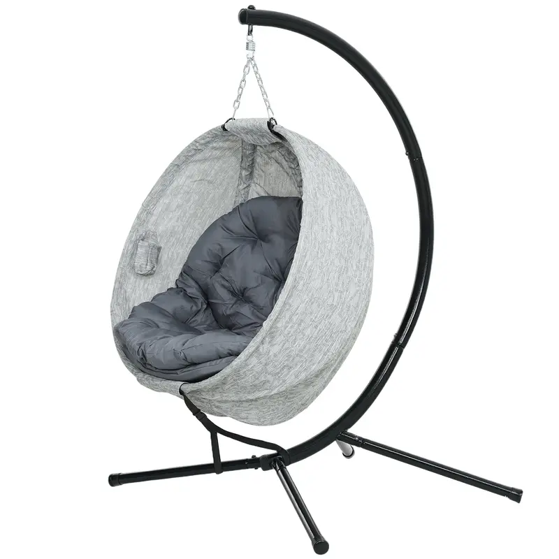 Outdoor Indoor Hanging Swing Egg Chair With Folding Basket, Stand & Cushions, Grey 2