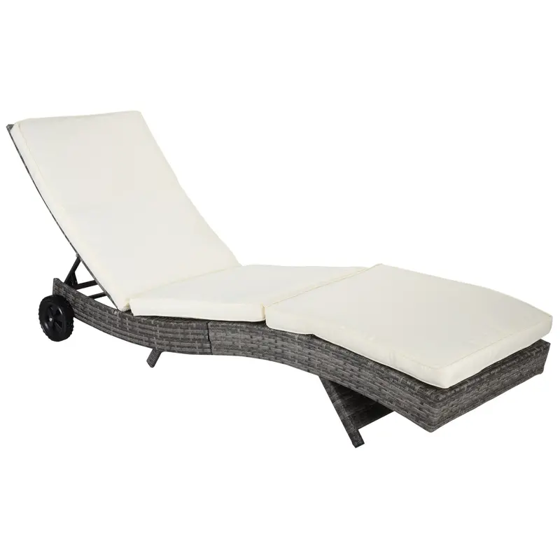 Outdoor Patio Adjustable Wicker Chaise Lounge Chair With Cushion & Wheels, Cream White 1