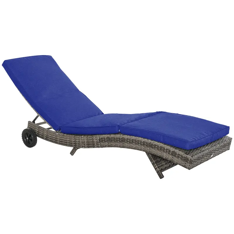 Outdoor Patio Adjustable Wicker Chaise Lounge Chair With Cushion & Wheels, Dark Blue 1