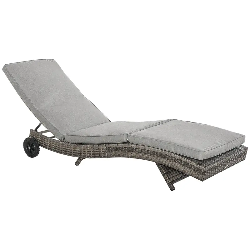 Outdoor Patio Adjustable Wicker Chaise Lounge Chair With Cushion & Wheels, Grey 1