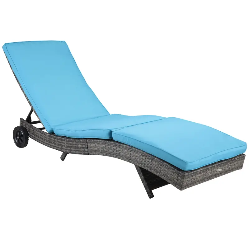 Outdoor Patio Adjustable Wicker Chaise Lounge Chair With Cushion & Wheels, Sky Blue 1