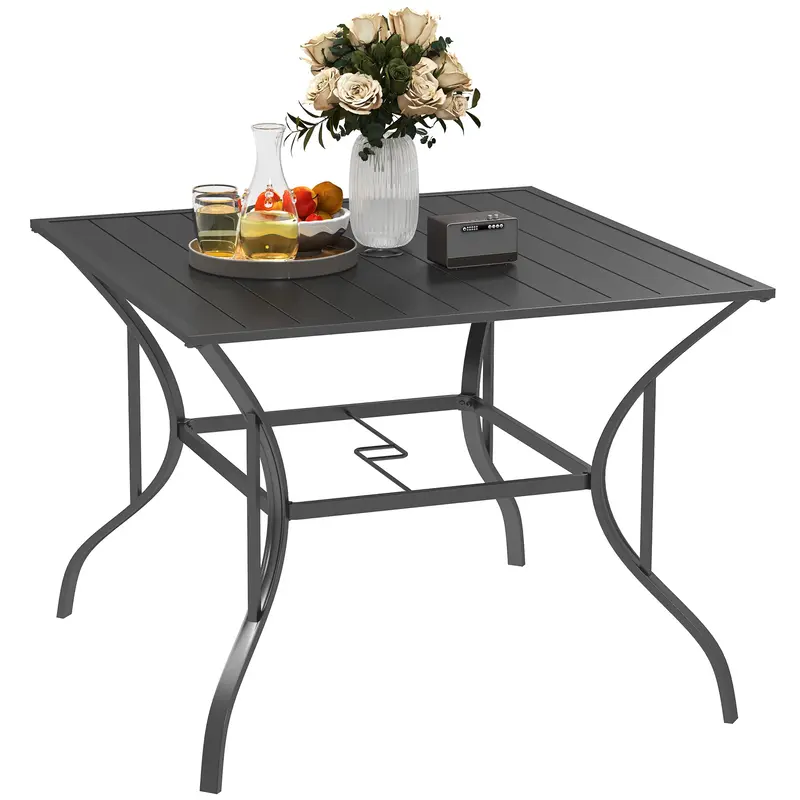 Outdoor Patio Dining Table With Umbrella Hole & Slatted Metal Top For Backyard, Dark Grey 1